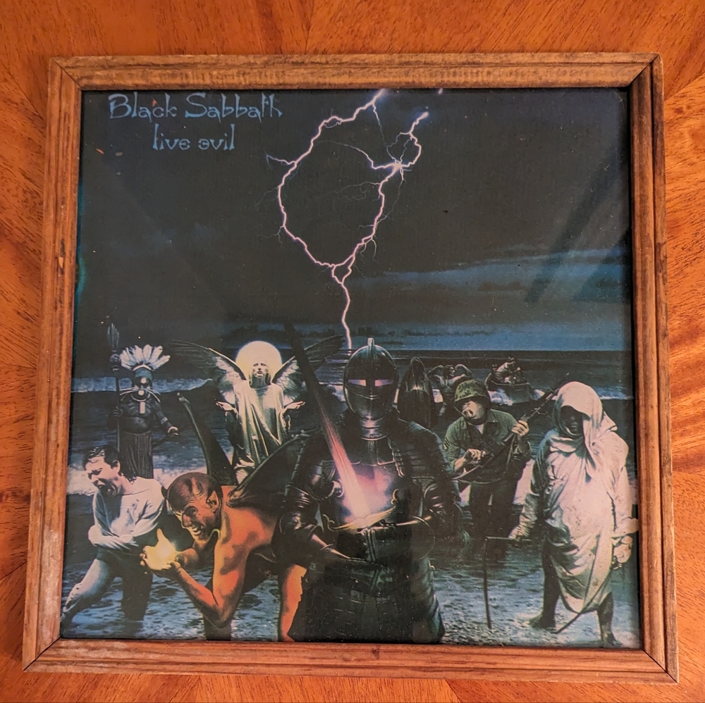 Vintage 1981 carnival prize. Framed Black Sabbath Live Evil album art cover.